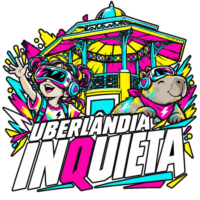 Logo do Uberlândia Inquieta: menina com óculos de realidade virtual e capivara diante do coreto da praça